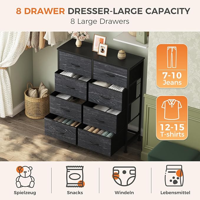 Sweetcrispy 8 Drawer Fabric Dresser for Bedroom, Tall Dresser, Black Wood | Chest of Drawers with Sturdy Steel Frame and Wooden Top, Storage Organizer with Easy Pull Handles