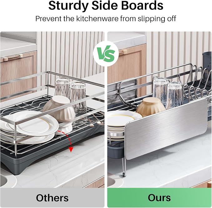 SNTD Dish Drying Rack - Large Dish Racks for Kitchen Counter, Expandable Dish Drainers with Cutlery Holder Stainless Steel Rustproof (Silver)