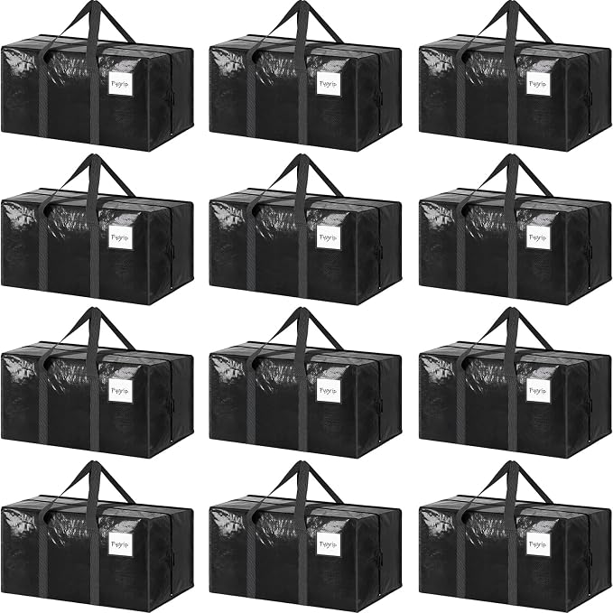 12 Pack Extra Heavy Duty Large Moving Bags with Strong Zipper, Black | Comfortable Handles, Sturdy & Durable Clothes Storage Bags Totes Bins, Blue Packing Moving Boxes for College Supplies