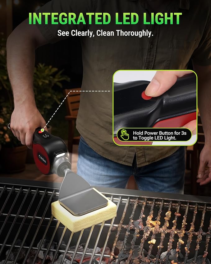 LifeBasis Cordless Electric BBQ Grill Cleaning Brush | Rechargeable with 180-minute Runtime, 3 Replaceable Heads, LED Light and Powerful Reciprocating Cleaning for Outdoor Grates