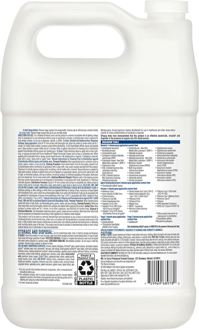Clorox Healthcare Bleach Germicidal Cleaner Refill, 128 Fluid Ounces, Pack of 4 (Package May Vary)