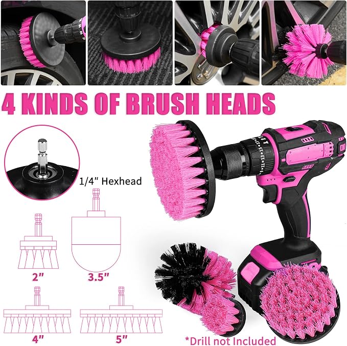 20PCS Car Cleaning Kit, Pink Car Interior Detailing Kit with Drill Brush Set, Windshield Cleaning Tool, Detailing Brushes, Wire Brushes, Cleaning Gel, Complete Cleaning Supplies for Women