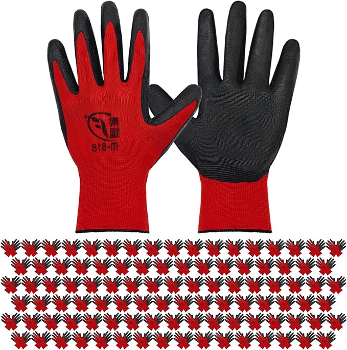 WHEATHUSK 100 Pack Gardening Gloves Bulk for Men Women, Breathable Nitrile Rubber Coated Garden Gloves Dipped Gripping Work Gloves for Construction, Gardening