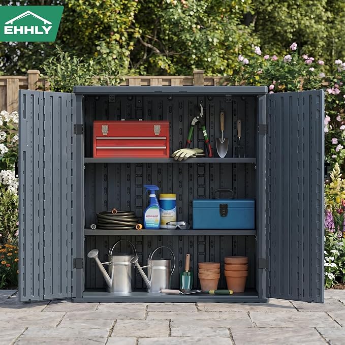 EHHLY Heavy Duty Small Storage Cabinet Outdoor Weatherproof, 14 Cuft Garage Storage Cabinet with 2 Adjustable Shelves, Lockable Kitchen Pantry Closer Organizer, 31Wx23Lx34H, Sage Grey