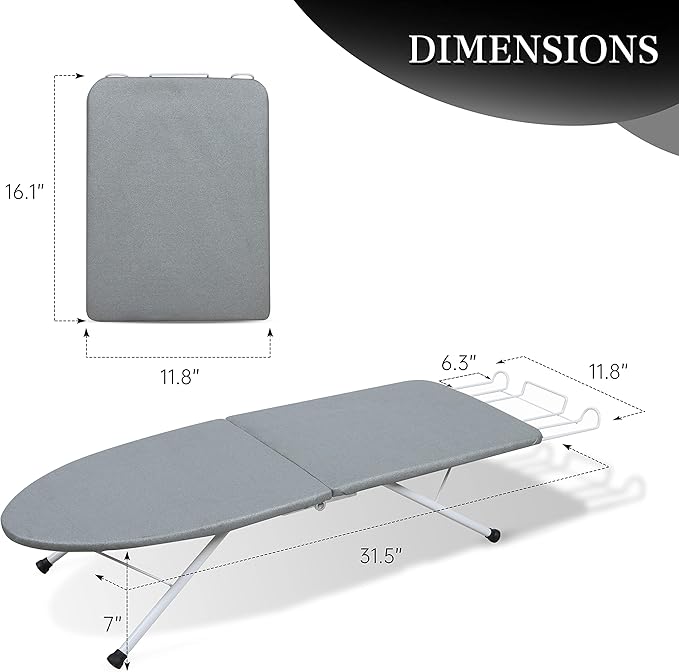 ZOES HOMEWARE Tabletop Ironing Board,Portable Iron Board with Iron Rest, Foldable Small Ironing Board with Heat Resistant Cover and 100% Cotton Pad, 31.5"x11.8"x7", Grey