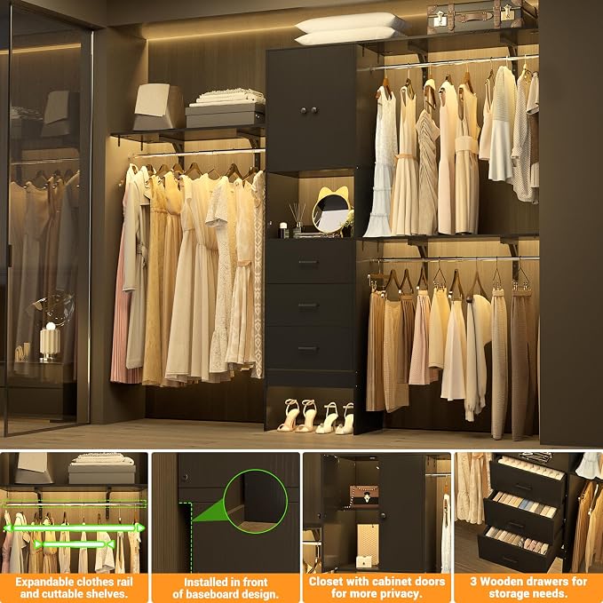 Armocity 96 Inches Closet System with Doors, 8FT Walk In Closet Organizer with 3 Shelving Towers, Heavy Duty Clothes Garment Rack with 3 Wood Drawers, 96" L x 16" W x 80" H, Max Load 1000 LBS, Black