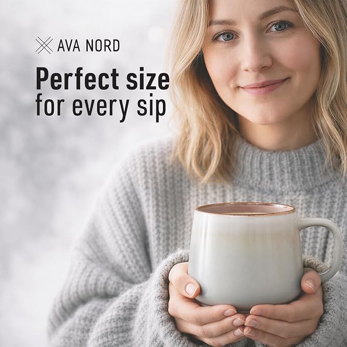 Ava Nord Large Stoneware Ceramic Coffee Mugs Set of 2 | 20 oz | Sage Ash | Lead-Free, Non-Toxic, Freezer - Microwave & Dishwasher Safe, Comfortable Handle, Aesthetic Nordic Design for Tea, Cocoa