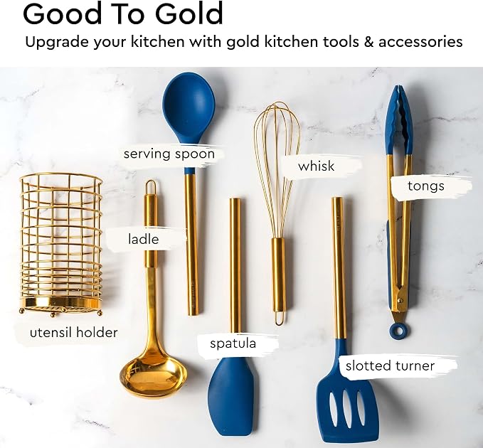 Gold and Navy Blue Kitchen Utensils Set - 7-Piece Silicone Cooking Tools for Nonstick Cookware with Utensil Holder - Stylish Cooking Gifts for Modern Kitchens