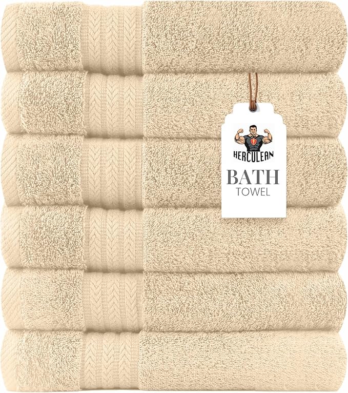 HERCULEAN Large Bath Towels 24 x 50 Pack of 6 | Quick Dry and Highly Absorbent | 100% Cotton Terry Towels for Bathroom - Perfect for Shower - Pool and Spa - Luxury Soft Towels - Beige