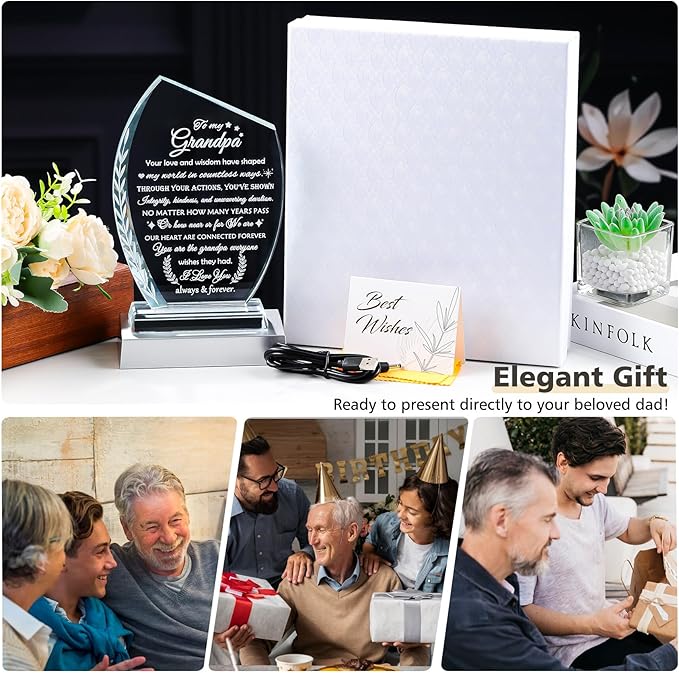 Birthday Gifts for Grandpa from Grandkids Glass Plaque Unique Present To My Grandpa with Colorful Led Base, Grandfather Gift for Thanksgiving Christmas Retirement Fathers Day