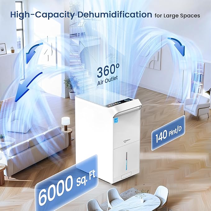 6,000 Sq.Ft Most Efficient Energy Star 2025 Dehumidifier with Pump,Vellgoo Max 140 Pint/D Smart Compressor Dehumidifier for Basement with Drain Hose, for Home,Large Rooms