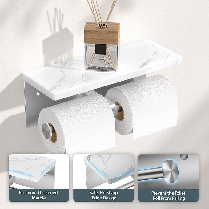 FORIOUS Toilet Paper Holder with Shelf, Marble Wall Mount Tissue Roll Holder for Bathroom, Washroom, 304 Stainless Steel Double Commercial Toilet Tissue Dispensers with Phone Shelf, Brushed Nickel