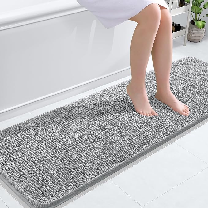 OLANLY Bathroom Runner Rugs 59x20, Soft Absorbent Chenille Bath Rugs, Rubber Backing Quick Dry, Machine Washable Long Bath Mats for Bathroom Floor, Tub and Shower, Home Decor Accessories, Light Grey