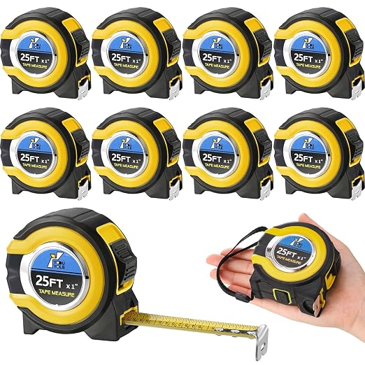 Youyole 10 Pack Tape Measure with Fractions 1/8 Steel Measuring Tape Retractable Easy Read Measurement Ruler Steel Power Blade (25 ft X 1 in,Yellow)