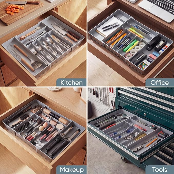 Heavy Duty Stainless Steel Frame Silverware Organizer with Plastic Body, Extra Large Silverware Drawer Organizer, 9 Slot Expandable Kitchen Drawer Organizer, 8 Non-Slip Feet Included, BPA Free, Gray