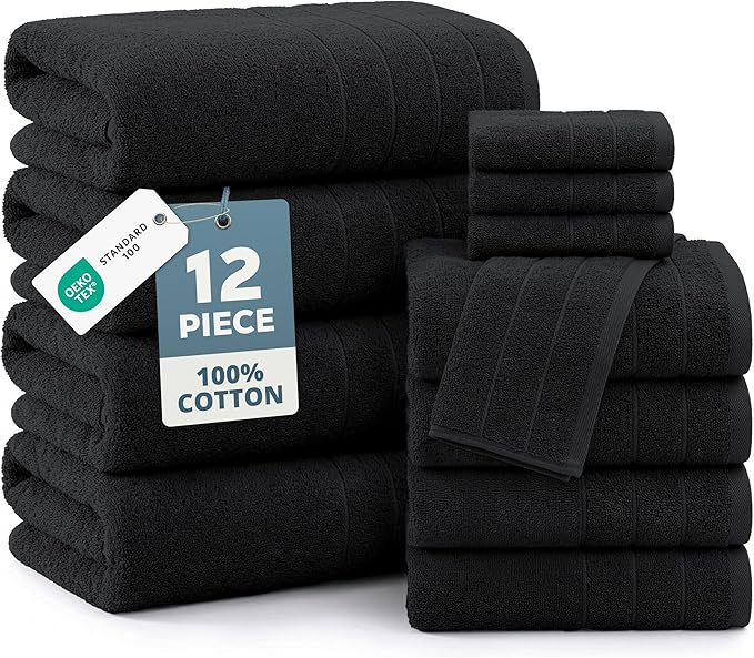 Casa Platino Towel Set Soft Absorbent Quick Dry 100% Cotton - Black | Towels And Washcloths Sets - Lightweight & Breathable, Fade-Resistant Color, Classic Terry Weave, Densely Woven