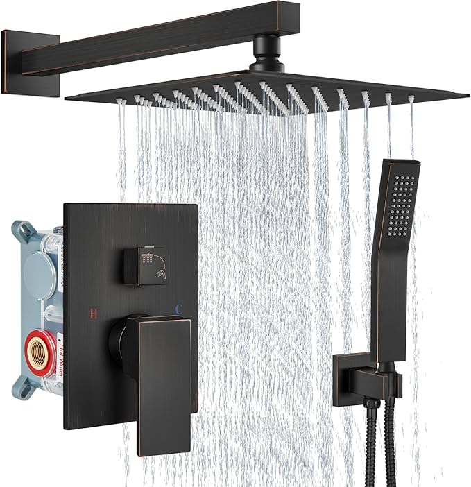 Aolemi Shower Faucet Set Rain Shower System with Handheld Spray Bathroom Shower Combo Rough-in Valve and Shower Trim Kit Included Oil Rubbed Bronze 12 Inch Wall Mount Shower Head