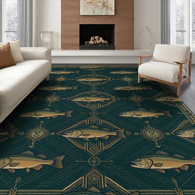 8'x10' Washable Area Rug Bass Cabin Vintage Lure Motifs Tackle Motif Border Fish Fishing Refined for Dining Room, Large Office, Lounge, Non-Slip Chair-Friendly