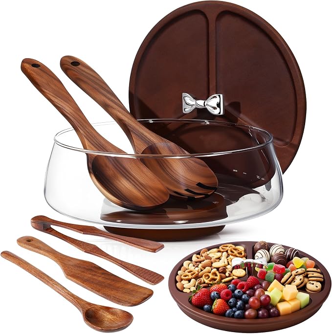 Hushee Large Glass Salad Bowl Set, Party Salad Bowl with Wood Base and Lid as Cheese Charcuterie Board and Plate, Comes with 5 Pieces of Elegant Wood Serving Utensils