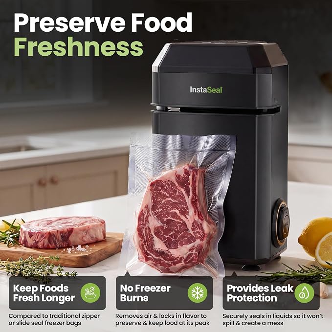 InstaSeal Vacuum Sealer for Food with 12 Bags | Preserves Foods 5x Longer, Space Saving Compact Upright Design Allows Machine to Heat Seal Marinades, Meats, Marinades