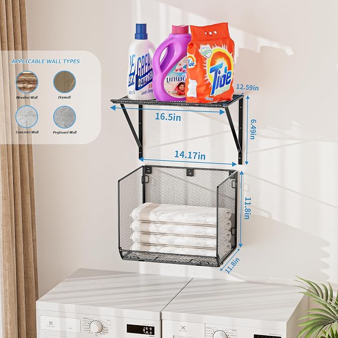 2 Pack Laundry Room Shelves Organization and Storage,Wall Mounted Clothes Drying Rack with Wire Mesh Basket Over Washer and Dryer, (Black, 2 Pack)