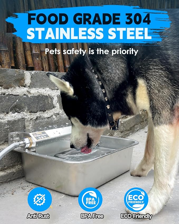 PETIMI Automatic Dog Water Dispenser, 2 Gallons 304 Stainless Steel Dog Water Bowl for Indoor/Outdoor, Large Water Bowl for Pets & Livestock, Anti Tip, Wide Mouth, Water Auto Fill, Fit GHT 3/4" Faucet