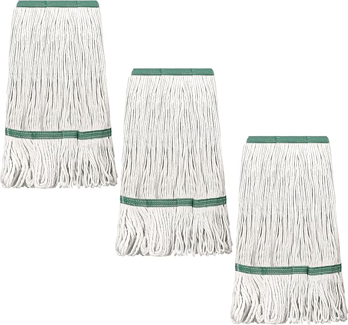 Eccliy 3 Pack Commercial Mop Heads Replacement Heavy Duty 18 oz Loop End Cotton String Wet Mop Refills Washable Absorbent Reusable for Industrial Home Tile Wood Concrete Floor (White,Green)