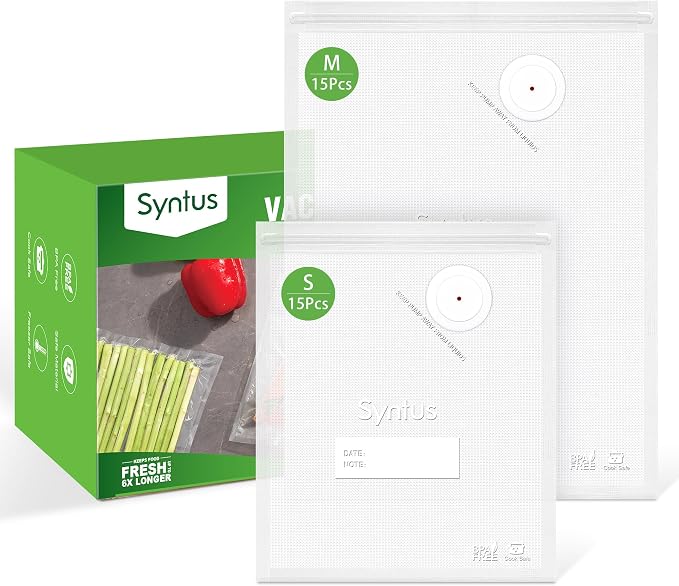 Syntus 30 Pcs Reusable Vacuum Sealer Bags for Food, 8"x10"+10"x13.8" (S+M) | Upgraded Air Valve, Microwave Sous Vide Freezer Meal Prep, Leak-Proof, Food Storage Zipper Bags, for Compact Vacuum Sealer
