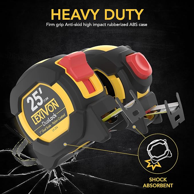 LEXIVON [4-Pack] 25Ft/7.5m Tape Measure, DuaLock & AutoLock | 1-Inch Wide Blade with Nylon Coating, Matte Finish White & Yellow Dual Sided Rule Print | Ft/Inch/Fractions/Metric (LX-204X2)