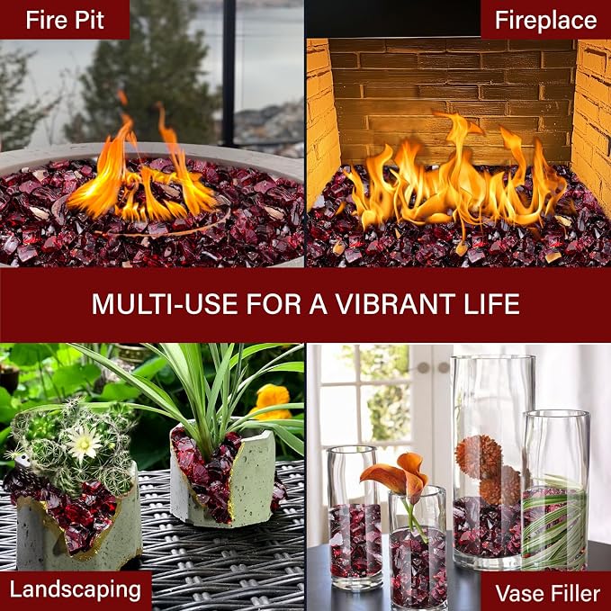 NUPICK 5 Pound Fire Glass, 1/2 Inch Reflective Fire Pit Glass | Tempered Fire Pit Rocks for Propane or Natural Gas, Glass Rocks for Fire Pit Table, Fireplace, Fire Bowl, Landscaping, Red