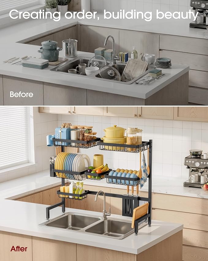 Sakugi Dish Drying Rack Over The Sink, Dish Drainer for Kitchen Counter | Stainless Steel Storage Organizer with Utensil Knife Holder & Hooks, Adjustable 11.8"Dx31.5"~39"Wx30"H, Black