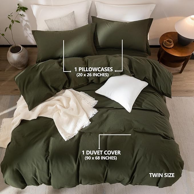 Linen Feel Duvet Cover Twin Size 90inch x 68inch,100% Washed Cotton Duvet Cover with Zipper Closure and One Pillowcases, Color of Olive Green