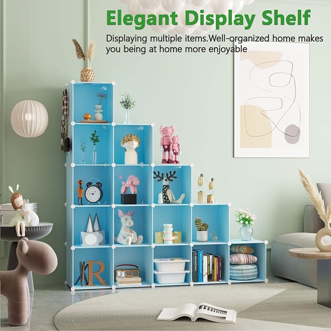 C&AHOME 16 Cube Storage Organizer Cube Shelves Units Storage Cubes, Blue | Plastic DIY Closet Organizer, Stackble Modular Closet Storage Shelves Ideal for Home, Bedroom, 48.4" L × 12.4" W × 48.4" H