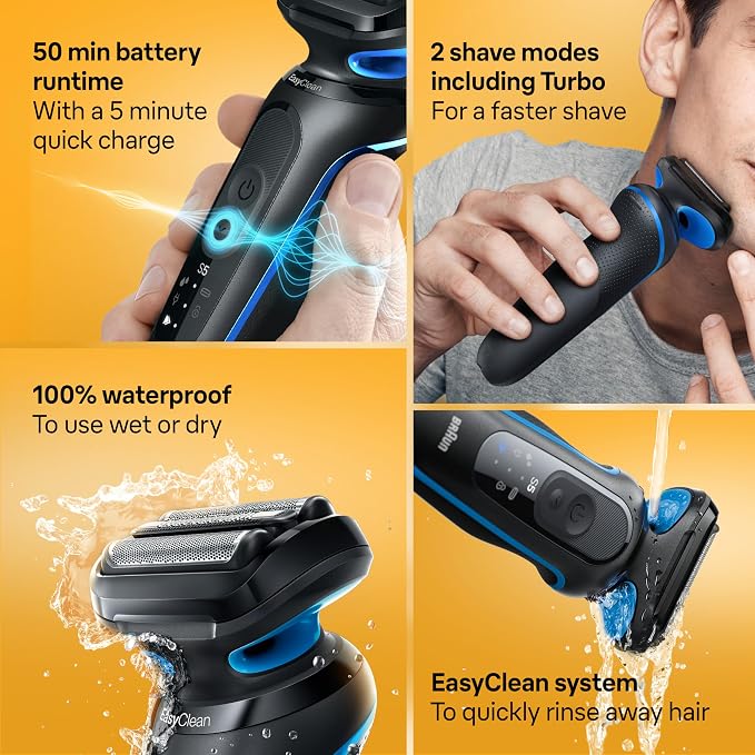 Braun Electric Shaver for Men, Series 5 5120s, Wet & Dry Shave, Turbo Shaving Mode, Foil Shaver, Engineered in Germany, with Beard Trimmer & Attachments, Blue