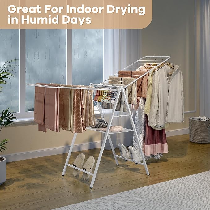 6 Height Adjustable Clothes Drying Rack with Shoe Slots, White | Pre-Assembled, Stable Load Structure, 22 Drying Rails, Foldable Space-Saving For Efficient Indoor & Outdoor Airflow Drying