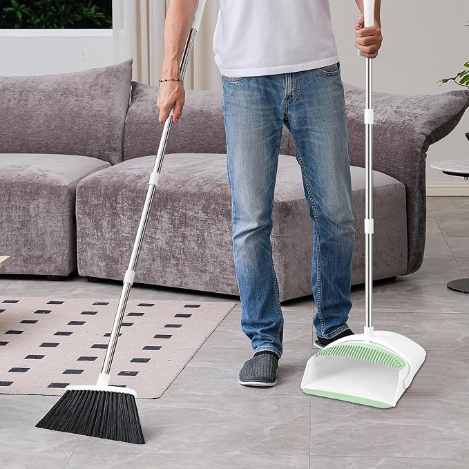 Broom with Dustpan Combo Set for Home, 52-in Long Adjustable Handle Angle Broom and Dustpan Set with Dustpan Comb Teeth for Sweeping Pet Hair Food Dirt Kitchen (White-Green)