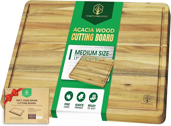 Acacia Wood Cutting Boards for Kitchen, 1.5 in Thick Butcher Block Construction for Stability, 20 x 15 in Large Cutting Boards with Gift Box, Juice Groove and Handle
