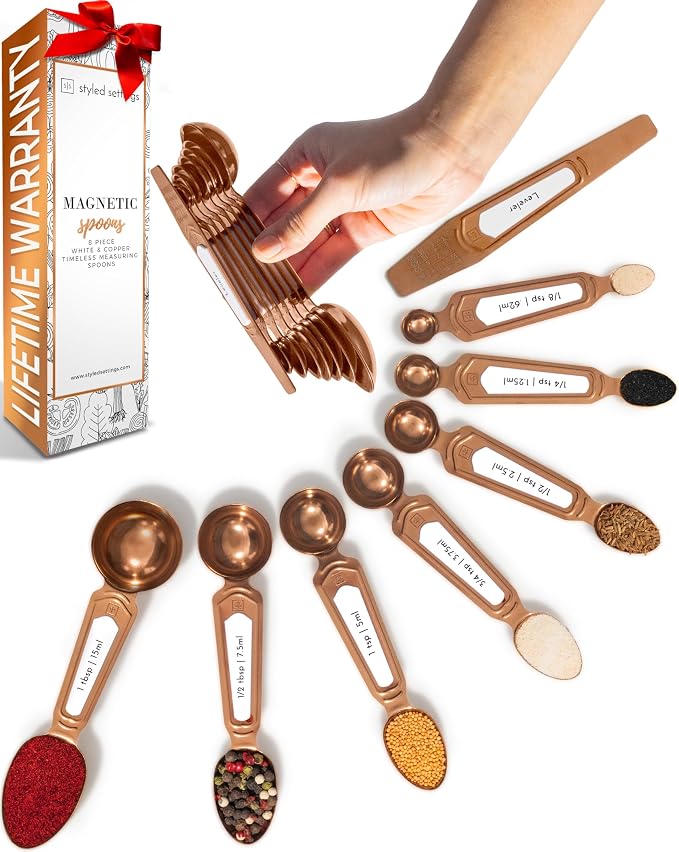 Styled Settings 33-Piece Blue and Copper Kitchen Bundle – 17-Piece Utensil Set, 8-Piece Magnetic Measuring Spoons, and 8-Piece Gold Stainless Steel Measuring Cups