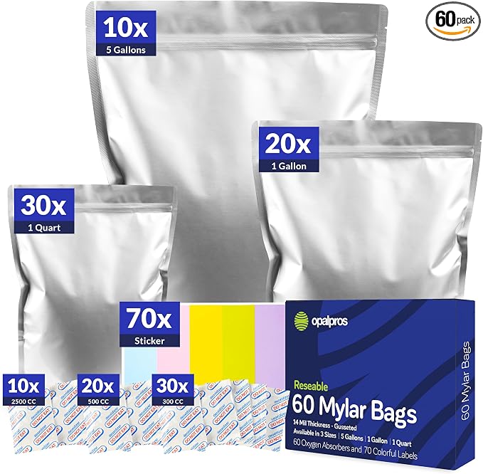 60-Pack 14 Mil Mylar Bags with Oxygen Absorbers, Gusseted 5 Gallon(10), 1 Gallon(20) & 1 Quart(30) Bags with 2500cc, 500cc & 300cc OA - Resealable Mylar Bags for Food Storage with Colourful labels
