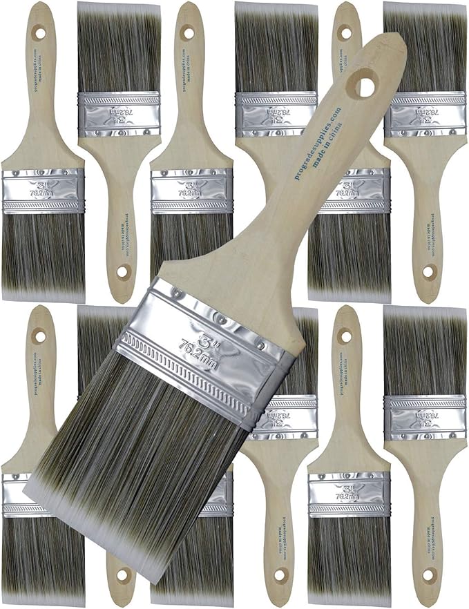 Pro Grade Paint Brushes 3 Inch Flat Paint Brush Set for Walls Trim Cabinets Doors Professional Painter Contractor Interior Exterior 12 Pack