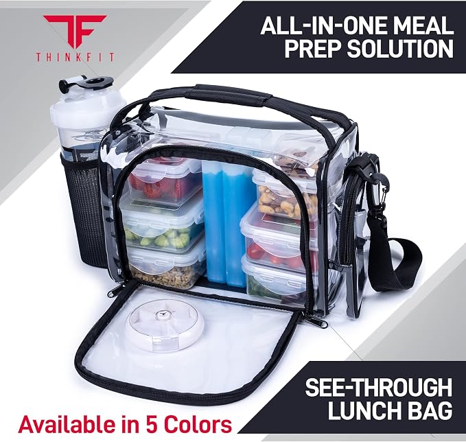 ThinkFit Clear Lunch Bag with 6 Meal Prep Containers and Ice Packs BPA-Free | Includes Shaker Cup, 2 Ice Packs and Pill Organizer; Reusable Clear Lunch Box for Work; Microwave, Freezer, Dishwasher Safe