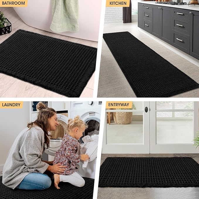 IM HOME Waffle Bath Mat Set 2 Piece Black,Woven Modern Bath Rug Mats, Absorbent Non Slip Bath Floor Mat, Soft Washable Boho Bath Rugs with Tassels for Bathroom, Bedroom, Kitchen,Tub