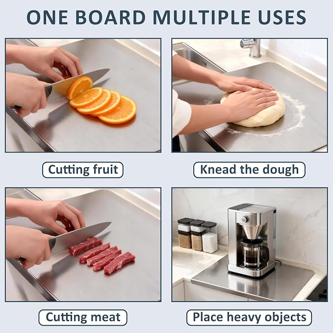 304 Stainless Steel Cutting Board with Lip,Food Grade Prep Board 27.6x15.4" | Dishwasher safe, L-Shaped Edge, Non-Slip Pads, Hygienic Surface, Easy Clean, For Meat, Fruit, Vegetables & Bread