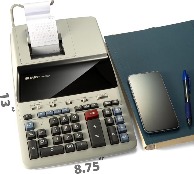 Sharp 12-Digit Print Calculator Desktop Size Adding Machine, Perfect for Everyday Use and Office, Bright, Large Easy-to-Read Numbers on Both The Display and The Two-ColorPrinted Tape (VX-2652H)