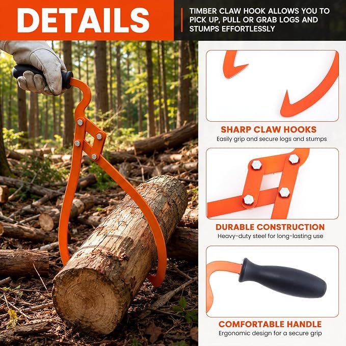 Blulu 1 Pcs 16 Inch 2 Claw Log Tongs Logging Skidding Tongs with Non Slip Grip Stainless Steel Hand Log Grapple Lifter Handling, Dragging, Carrying Tool for Moving Wood Trees