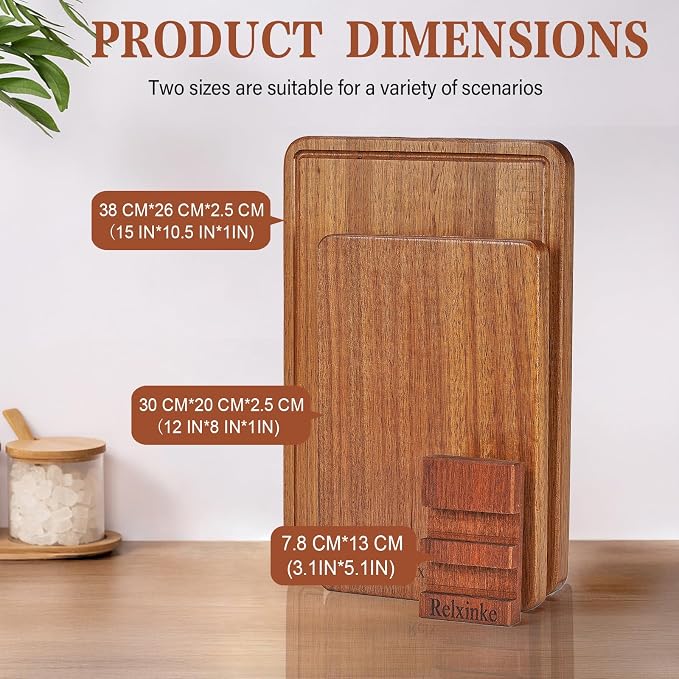 Solid Teak Wood Cutting Board Set One Piece Non Glued Large Thick Crack Resistant Wooden Chopping Board with DeepJuice Grooves Built in Handles for Kitchen Meat Bread 15x10.2IN &11.8 * 7.9IN