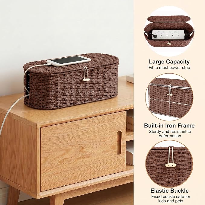 Set of 2 Cable Management Box, Handwoven Paper Rope Cord Hider Organizer Boxes with 3 Side Open Slots, Cable Organizer Box to Hide Cords Power Strip, USB Hub, TV Wires for Home, Office,Brown