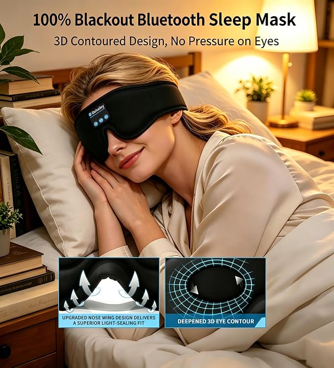 Sleep Headphones, 3D Sleep Mask with Bluetooth Headphones, 100% Light Blocking Music Eye Mask, Sleeping Headphones for Side Sleepers Sleeping Mask Thin Stereo Speakers Perfect for Sleeping
