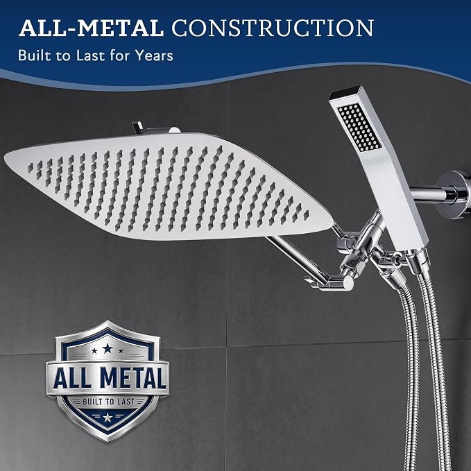 G-Promise All Metal 16 Inch Dual Square Shower Head with Handheld Spray Combo, Rain Shower Head, Adjustable Extension Arm, 3-Way Diverter, 71 Inch Extra Long Hose - A Bathroom Upgrade (Chrome)
