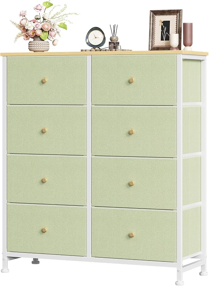 Sweetcrispy 8 Drawer Dresser for Bedroom Tall, Organizer Storage Drawers | Fabric Storage Tower, Chest of Drawers with Steel Frame, Wood Top for Living Room, Closet, Light Green